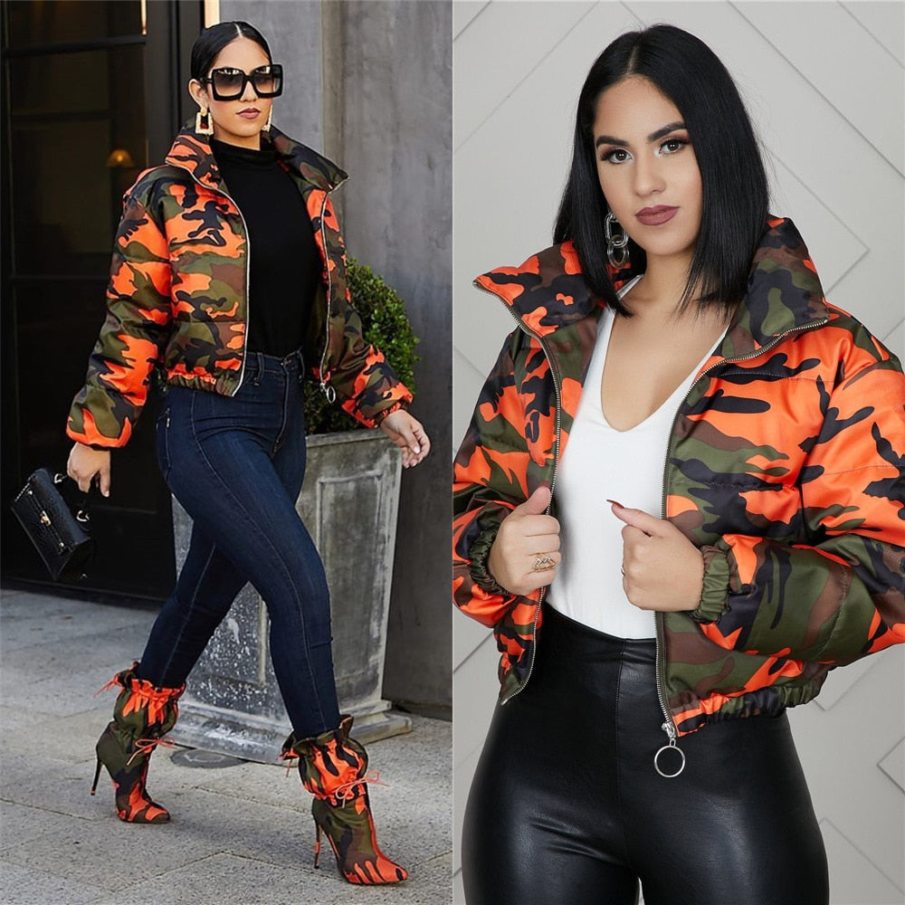 Women's Short Parkas High Collar Full Sleeve Zipper Camouflage