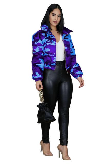 Women's Short Parkas High Collar Full Sleeve Zipper Camouflage