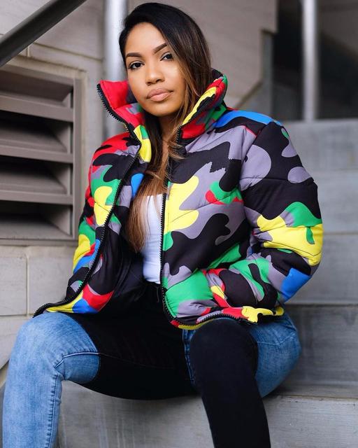 Women's Short Parkas High Collar Full Sleeve Zipper Camouflage