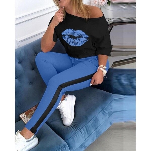 Women's Printed sexy Kissy Lips Long Sleeve+joggers set