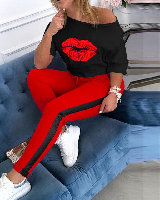 Women's Printed sexy Kissy Lips Long Sleeve+joggers set