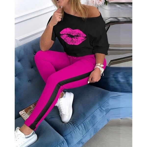 Women's Printed sexy Kissy Lips Long Sleeve+joggers set