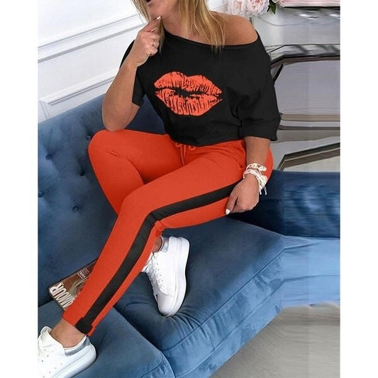 Women's Printed sexy Kissy Lips Long Sleeve+joggers set