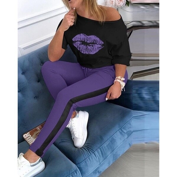 Women's Printed sexy Kissy Lips Long Sleeve+joggers set