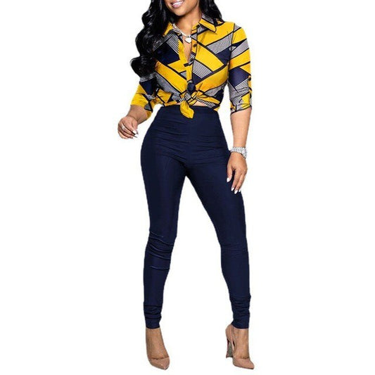 Blouse Slim Long Tights Pants Two Piece Set Clothing