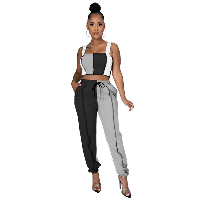 Women's Two Piece Set Casual Stripe Color Patchwork Strapless Tank Tops and pants outfit.