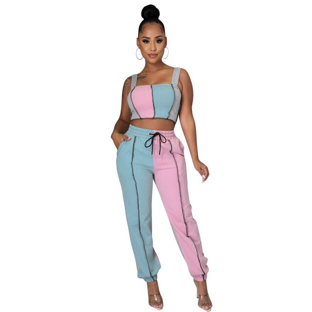 Women's Two Piece Set Casual Stripe Color Patchwork Strapless Tank Tops and pants outfit.
