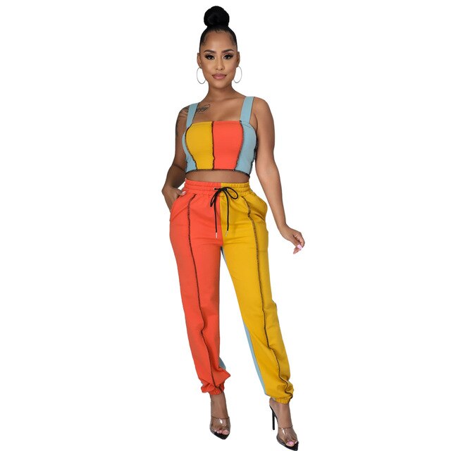 Women's Two Piece Set Casual Stripe Color Patchwork Strapless Tank Tops and pants outfit.