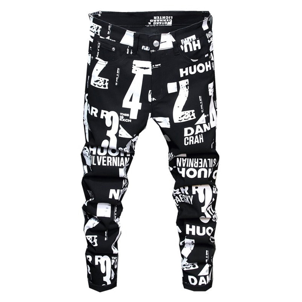 Men's white letters numbers print black jeans trendy