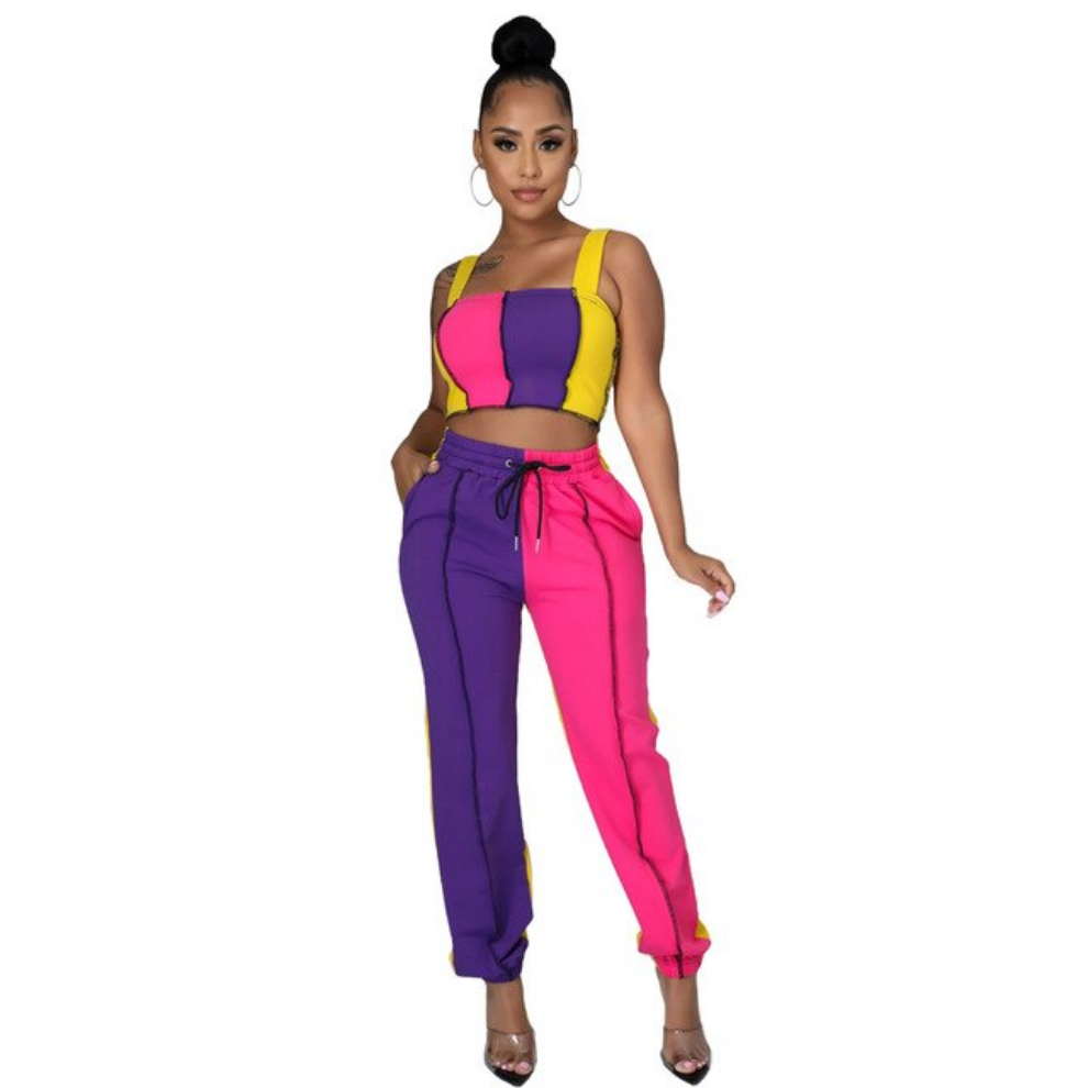 Women's Two Piece Set Casual Stripe Color Patchwork Strapless Tank Tops and pants outfit.