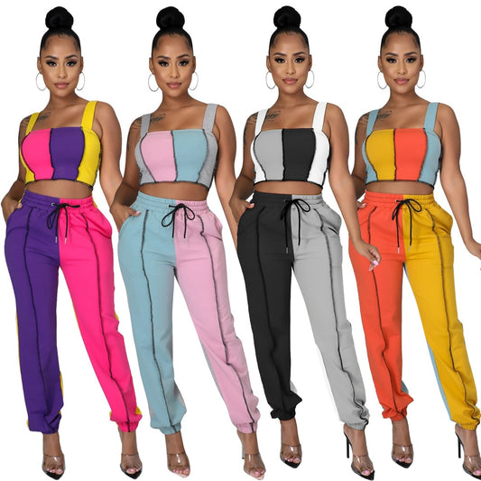 Women's Two Piece Set Casual Stripe Color Patchwork Strapless Tank Tops and pants outfit.
