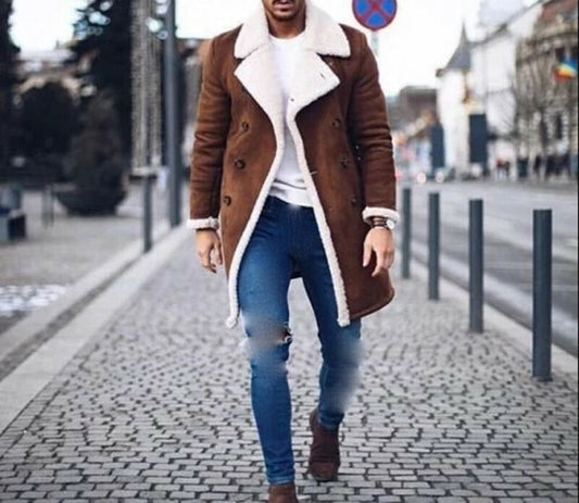 Men's fleece trench coat lapel winter warm casual outerwear.