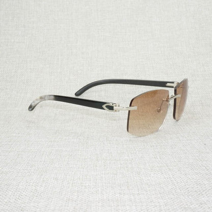 Unisex Retro Wood Oversize Sunglasses Natural Black White Buffalo Horn Rimless Frame