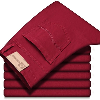 Classic Style Men's Wine Red Jeans Casual Straight Denim Stretch Pants