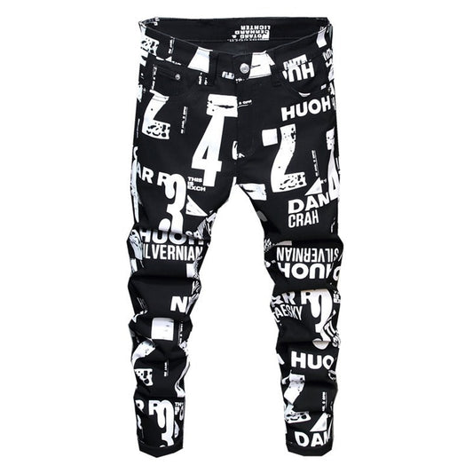 Men's White Letters Numbers Print Black Jeans Trendy
