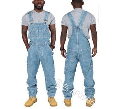 WEPBEL Men's Denim Bib Pants Full Length Jeans Jumpsuits Hip Hop Straight Jeans Overalls for Men Streetwear