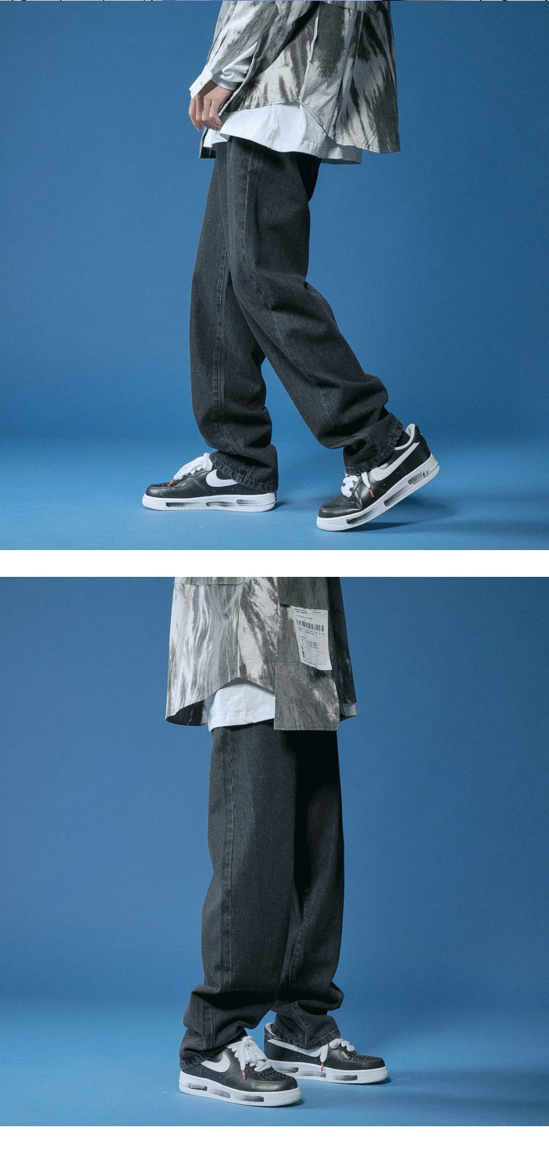 Men's Solid Color Straight Harem Jeans White/Black Korean Man Loose Denim Trousers Streetwear Male Casual Pants 6Colors